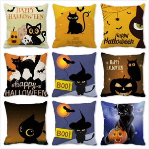 Halloween Zwarte Kat Pompoen Decoratieve Kussensloop Perzikhuid Kussenhoes Voor Bank Woonkamer Home Decor Happy Halloween Feestthema