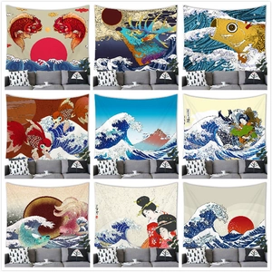 Tapiz Ukiyo-e Japonés Colgante de Pared Arte Tela de Poliéster Gran Ola Fuji Koi Geisha Decoración para Dormitorio Sala de Estar Hogar