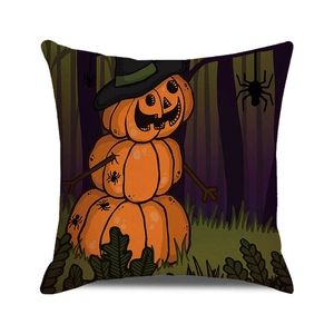 Halloween pumpkin snowman pillow case with wizard hat and spider forest background