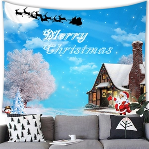 Cozy living room scene featuring a Merry Christmas tapestry with Santa and reindeer