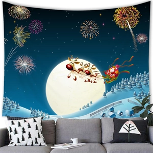 Detailed Christmas wall tapestry showing Santa and reindeer sleigh over a snowy village