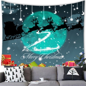 Merry Christmas tapestry with Santa Claus and reindeer sleigh silhouette on a blue background