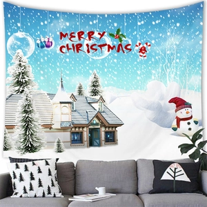 Detail of a Merry Christmas wall tapestry showing a cute snowman and cozy winter cabin
