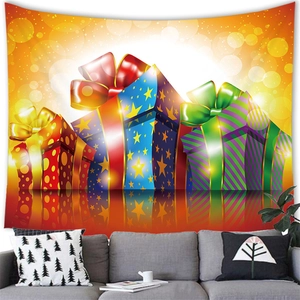 Tapiz de pared navideño con cajas de regalo gigantes sobre fondo naranja decorativo