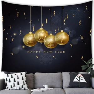 Detalle del tapiz de Feliz Año Nuevo 2021 con globos dorados sobre fondo oscuro