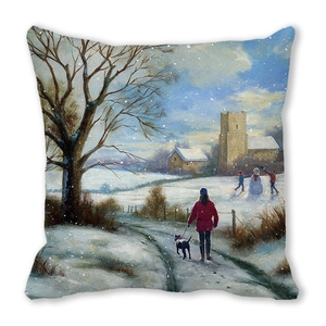 Detail van olieverfschilderij met winterlandschap op de decoratieve kussenhoes met sneeuw