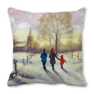 Detail van kerstkussenhoes in olieverfstijl met familie die in de sneeuw wandelt
