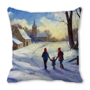 Detail van de kerstkussensloop van perzikhuid met een olieverfschilderij van sneeuw