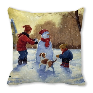 Kerstkussen met olieverfschilderij motief van kinderen en hond in de sneeuw