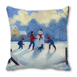 Detail van winterse sneeuwpop scène print op vierkante kussensloop van perzikhuid stof