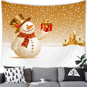 Cozy Christmas wall tapestry featuring a cute snowman above a modern grey sofa