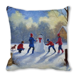 Detailweergave van vierkante kussensloop met olieverfschilderij van sneeuw en sneeuwpop