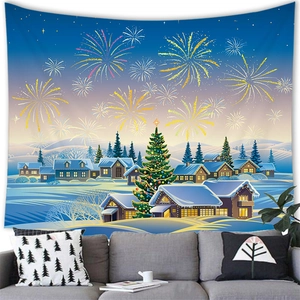 Close-up of Christmas tapestry with snow town and fireworks over a modern sofa