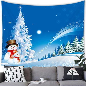 Christmas snowman wall tapestry with glowing white tree and starry night for home decor