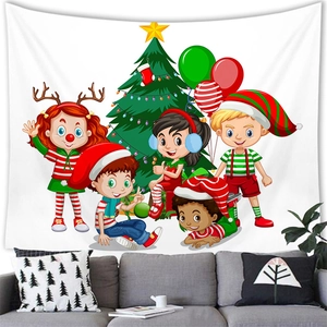 Christmas tapestry with cartoon children and tree hanging above a modern sofa