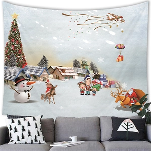 Detail view of cartoon snowman and Santa Claus tapestry hanging above a sofa