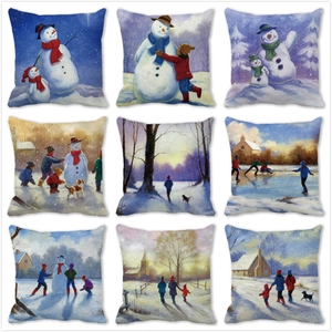 Kerst Perzikhuid Kussenslopen Winter Sneeuwpop Olieverfstijl Sofa Kussenhoezen Voor Feestelijke Huisdecoratie