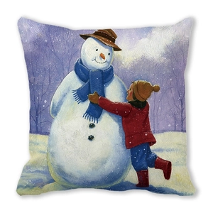 Kerst sierkussen met olieverfschilderij van een sneeuwpop en kind in een winterse scène