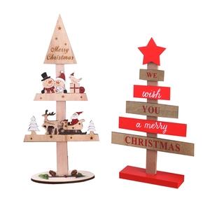 Two laser-cut wooden Christmas tabletop ornaments with Santa, reindeer and star designs