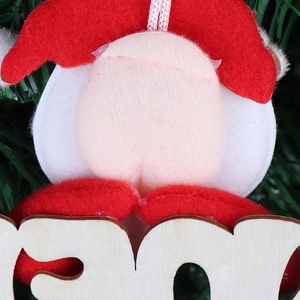 Dettaglio dello gnomo natalizio in peluche con cappello rosso e targa in legno