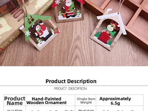 Detail of painted wooden Christmas tree ornaments featuring Santa, snowman, and reindeer