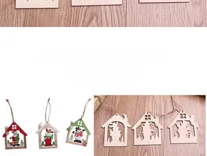 Detail of laser-cut wooden Christmas pendants with colorful prints and reindeer patterns