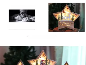 Detail of wooden LED star with hollowed Christmas reindeer and Santa Claus scenes
