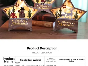 Detail of wooden LED Christmas star with deer and snowman motifs and warm lights
