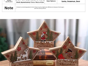 Size chart for glowing wooden Christmas star ornaments in Santa, Snowman and Reindeer styles