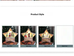 Detailed views of wooden LED star ornaments with Santa and reindeer holiday motifs