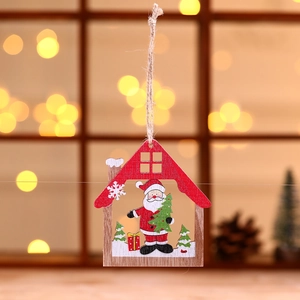 Hanging wooden Christmas tree ornament with Santa Claus illustration and rustic hemp rope