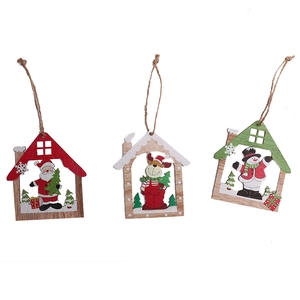 Set of 3 hollowed wooden Christmas tree house pendants with Santa, deer and snowman