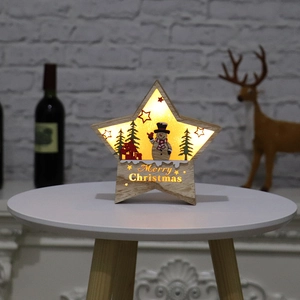 Wooden Christmas star lamp with LED light, snowman and pine tree carved winter scene