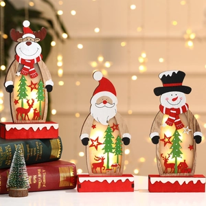 Christmas Wooden LED Light Up Desktop Ornaments Santa Snowman Reindeer Hollow Carving Festive Home Decoration Lamp