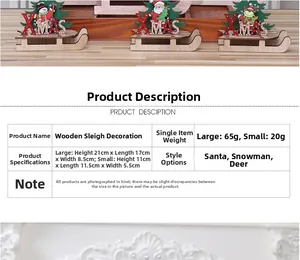 Detailed size chart for Christmas wooden sleigh ornaments in Santa and Snowman styles