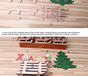 Flat lay of DIY Christmas sleigh kit pieces including Santa and Xmas wood cutouts
