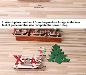 Detail showing laser-cut wooden DIY Christmas sleigh parts with Santa and tree