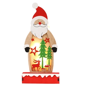 Lighted wooden Santa Claus ornament with warm LED festive reindeer forest silhouette