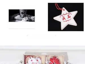 Detail of wooden star ornaments with red reindeer motifs and rustic sewing patterns