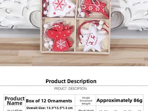 Detailed size specifications for 12pcs red and white wooden Christmas hanging ornaments