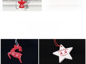 Detail of wooden Christmas ornaments featuring red angels and reindeers with hanging ropes