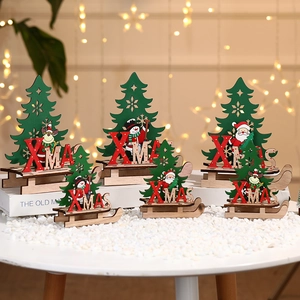 Christmas Wooden DIY Sleigh Ornament Cartoon Santa Snowman Reindeer Pattern Laser Cut Nordic Style Desktop Decoration For Party