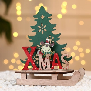 DIY wooden Christmas sled ornament with reindeer and Xmas tree on snow scene