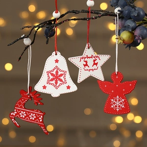 Christmas Tree Pendants Wooden Hanging Ornaments Reindeer Angel Star Shapes Holiday Home Party Decor Red White DIY Craft