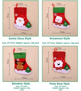 Detail of four Christmas stockings featuring Santa, snowman, elk, and bear with sequins