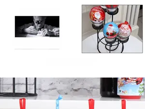Detailed view of colorful Christmas tin ball ornaments with festive cartoon patterns and ribbons