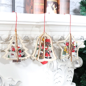 Three-piece set of 3D wooden Christmas ornaments featuring tree, bell, and star shapes