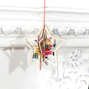 Detailed 3D star wooden ornament with hand-painted bear and Christmas tree patterns