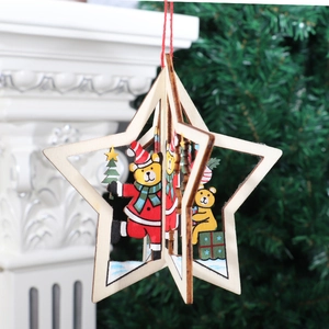 3D laser-cut wooden star ornament featuring a cute bear and festive Christmas motifs
