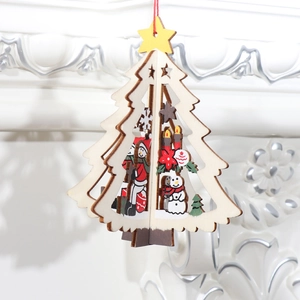 Detailed laser-cut wooden Christmas tree ornament with snowman and star elements